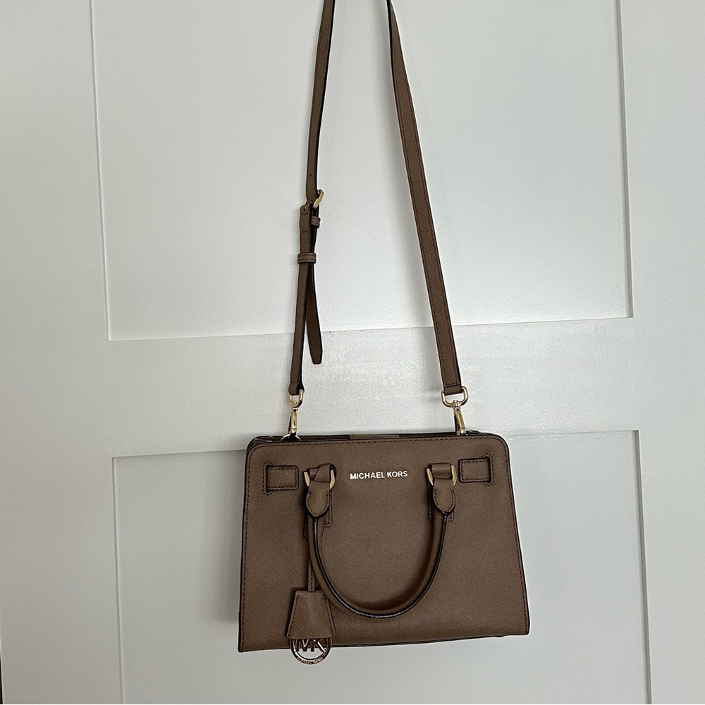 Michael Kors dillon dark Dune, small leather satchel taupe gold accents - Picture 3 of 10